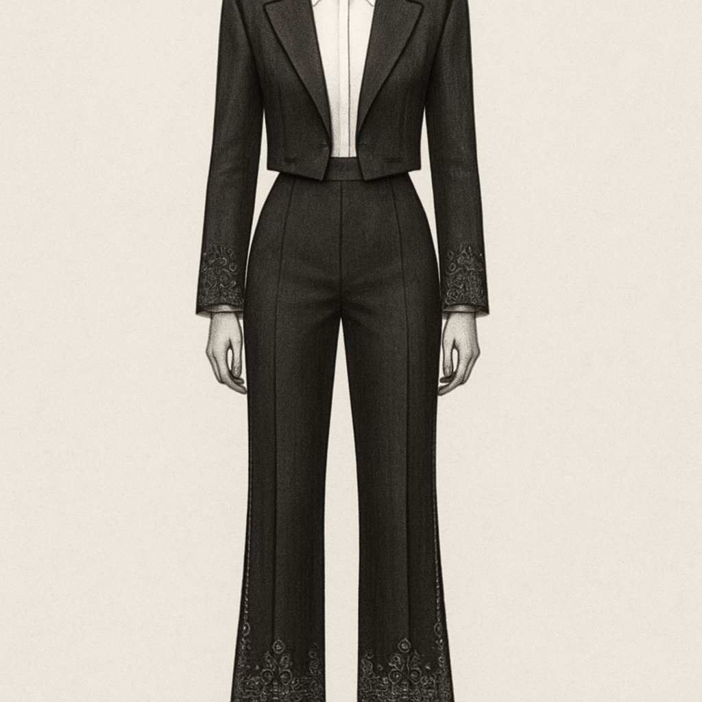 Bir smokin olacak pantolonun basen kısmı dar paçalara doğru indikçe genişliyor fakat extra bol değil. Orantılı bir iniş paçalarında ortadoğu temsil eden dantel detayı olacak paça uçlarında olacak. Ve bu parça pantolunun yan taraflarında ince şerit seklinde yukarı doğru çıkacak. Üstünde ise iç olarak smokin gömleği düz bir beyaz gömlek olucak. Üstünde ceker olarak kemer altına kadar inen aslında crop bir smokin ceketi olucak. Bu ceketin kol uçlarında pantolonda olan o dantel derayı olucak.
Bir smokin olacak pantolonun basen kısmı dar paçalara doğru indikçe genişliyor fakat extra bol değil. Orantılı bir iniş paçalarında ortadoğu temsil eden dantel detayı olacak paça uçlarında olacak. Ve bu parça pantolunun yan taraflarında ince şerit seklinde yukarı doğru çıkacak. Üstünde ise iç olarak smokin gömleği düz bir beyaz gömlek olucak. Üstünde ceker olarak kemer altına kadar inen aslında crop bir smokin ceketi olucak. Bu ceketin kol uçlarında pantolonda olan o dantel derayı olucak., classic style