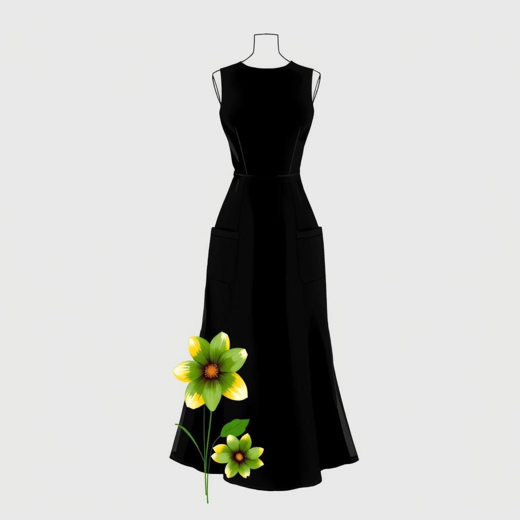 Sleeveless black dress just below the knees that is wide from the waist till the bottom with 2 big pockets on the sides. The bottom of the dress has very wide flowers comes in green and yellow that are drawn by hands
Design an elegant, sleeveless black dress that falls just below the knees, exuding classic sophistication. The silhouette gently flares from the waist, featuring two generous side pockets. Adorn the hem with hand-drawn, oversized flowers in vibrant greens and yellows, adding a touch of whimsy while maintaining timeless charm and elegance.