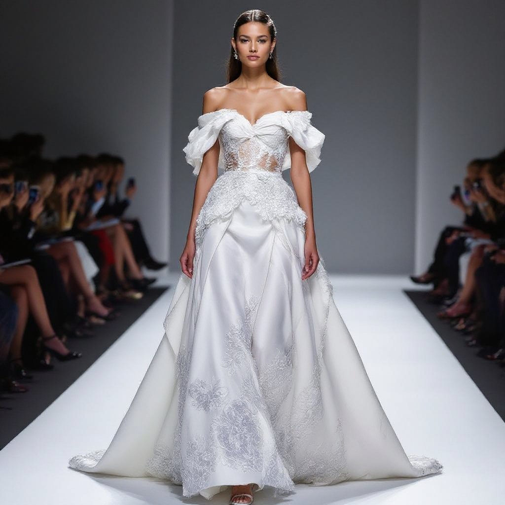 Make it off shoulder
Haute Couture fashion: Regal off-shoulder gown, silk, floor-length, with intricate hand-embroidered floral motifs, delicate drapery, and a structured, sculpted silhouette.