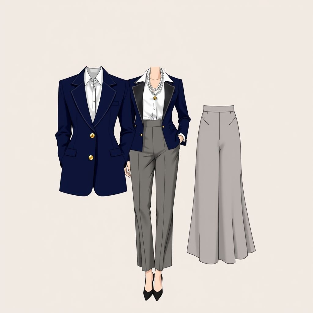 First design
Design a timeless classic ensemble that marries elegance with sophistication. Envision a tailored navy blue blazer, adorned with gold buttons, paired with a crisp white silk blouse. Flowing high-waisted trousers evoke a vintage silhouette, while delicate pearl accessories and elegant stiletto heels complete the look, embodying refined charm and grace.