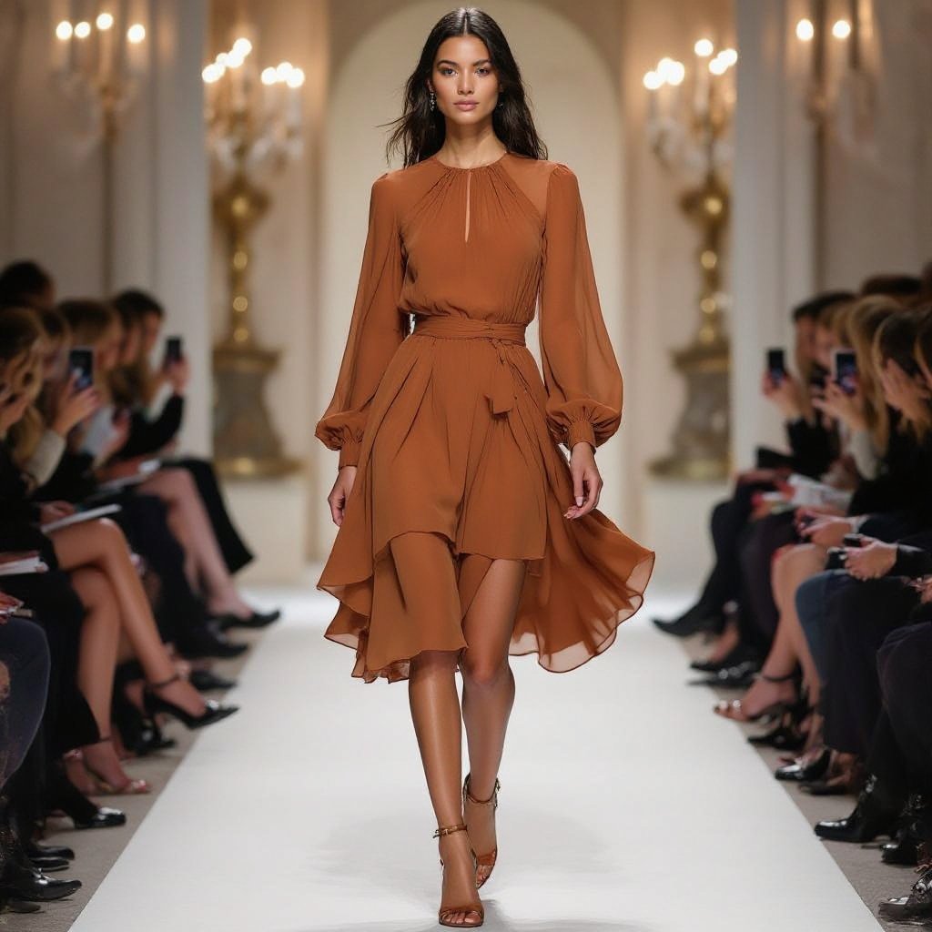 Iwant a dress caramel color not too long with long hands transparent color
Caramel mini dress in chiffon with long sleeves, a round neckline, and a flowing skirt.