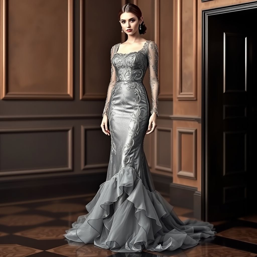 A greish silver long dress which is flowy from the end and lays down on the ground. The sleeves should be long of net with embroidery. The dress should be embellished . The bottom of the dress should be of organza frill. The neck should be square shaped. And the frill should be only one at the end. The dress should be straight and body shaped. The dress should have embellishment and embroidery.
Design an opulent formal gown in lustrous greish silver, featuring a fitted bodice that gracefully flows into a floor-length hem. The long, netted sleeves are adorned with intricate embroidery, while an elegant organza frill cascades from the hem. A sophisticated square neckline adds allure, emphasizing a chic, statuesque silhouette.