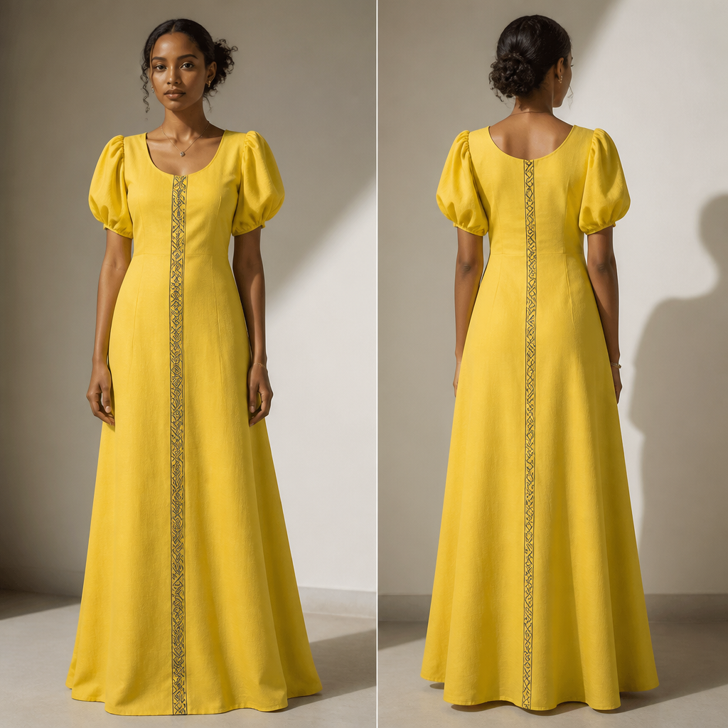 photorealistic fashion design, A Female Dress design, in Classic style. unique and u neck tibeb and color yellow. Ethiopia fashion aesthetics. Present it as professional fashion catalogue photography: the garment is the subject, shown full-length with editorial styling, neutral posing and tasteful, non-suggestive framing., classic style, just the design no text, show front and back. Refinement: make sleeve puff and make the tibeb triangular design and thin
photorealistic fashion design, photorealistic fashion design, A Female Dress design, in Classic style. unique and u neck tibeb and color yellow. Ethiopia fashion aesthetics. Present it as professional fashion catalogue photography: the garment is the subject, shown full-length with editorial styling, neutral posing and tasteful, non-suggestive framing., classic style, just the design no text, show front and back. Refinement: make sleeve puff and make the tibeb triangular design and thin, just the design no text