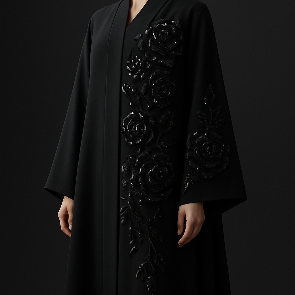 The Black Diamond Rose Abaya
Tone: Pure jet black
Design:
A dramatic cascade of black diamond-cut stones forming abstract rose shapes on the front panel and sleeve.
Fabric: Silk-crepe
Vibe: Fierce elegance, rich and commanding.

The Black Diamond Rose Abaya
Tone: Pure jet black
Design:
A dramatic cascade of black diamond-cut stones forming abstract rose shapes on the front panel and sleeve.
Fabric: Silk-crepe
Vibe: Fierce elegance, rich and commanding.