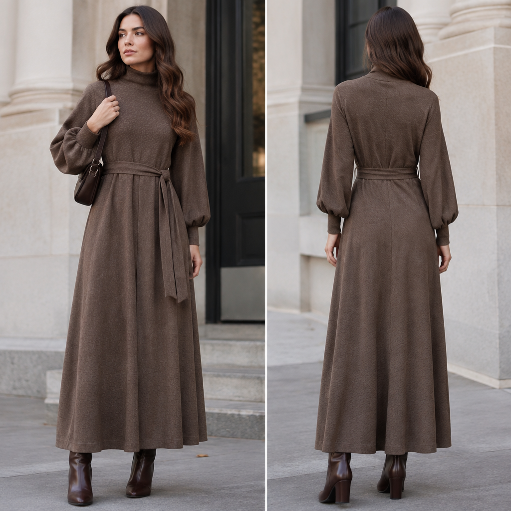 A Female Dress design, with modest, full coverage: longer hemlines, higher necklines and covered shoulders, suitable for Fall. Consider American fashion — diverse and trend-driven, casual-cool, athleisure influence, regional variety from NYC sophistication to LA relaxed. Current season is Autumn in United States. Present it as professional fashion catalogue photography: the garment is the subject, shown full-length with editorial styling, neutral posing and tasteful, non-suggestive framing.
photorealistic fashion design, A Female Dress design, with modest, full coverage: longer hemlines, higher necklines and covered shoulders, suitable for Fall. Consider American fashion — diverse and trend-driven, casual-cool, athleisure influence, regional variety from NYC sophistication to LA relaxed. Current season is Autumn in United States. Present it as professional fashion catalogue photography: the garment is the subject, shown full-length with editorial styling, neutral posing and tasteful, non-suggestive framing., just the design no text