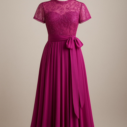 	القماش كريب على الحرير، أي ملمسه ناعم ولمّاع قليلًا مع انسيابية جميلة عند الحركة.

🎀 الجزء العلوي:
	•	من تول بنفس اللون (فوشيا أرجواني)، شفاف قليلًا.
	•	مطرّز بالعدس والخرز من نفس درجة اللون ليمنحه لمعة فاخرة دون مبالغة.
	•	ياقة قصيرة (مغلقة من الأعلى كما في الرسم) تضيف لمسة كلاسيكية.

💫 الخصر:
	•	يلتف حوله قماش من نفس اللون بأسلوب أنيق على شكل ربطة جانبية تضفي أنوثة وتحدد القوام.

🌸 الجزء السفلي (التنورة المتصلة):
	•	من نفس قماش الكريب الحريري، بخطوط ناعمة وطيات طويلة تبدأ من الخصر وتنزل بانسيابية.
	•	الفستان بالكامل بدرجة فوشيا تميل إلى الأرجواني، غنية ومترفة، مع لمعة خفيفة تظهر على قماش الكريب الحريري