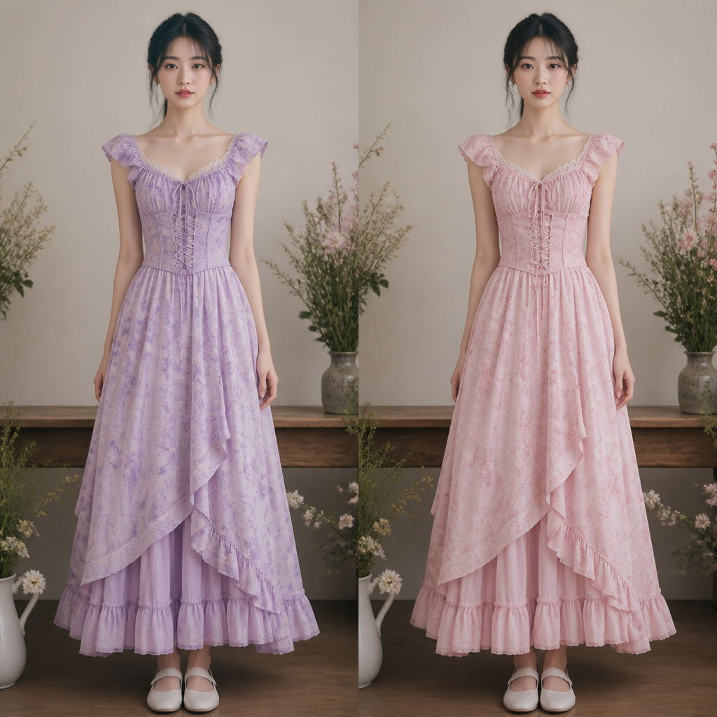 A Female Dress design, in Cottagecore style. pon ese mismo vestido igualito pero en violeta y rosa pastel en una modelo coreana Present it as professional fashion catalogue photography: the garment is the subject, shown full-length with editorial styling, neutral posing and tasteful, non-suggestive framing.
photorealistic fashion design, A Female Dress design, in Cottagecore style. pon ese mismo vestido igualito pero en violeta y rosa pastel en una modelo coreana Present it as professional fashion catalogue photography: the garment is the subject, shown full-length with editorial styling, neutral posing and tasteful, non-suggestive framing., cottagecore style, just the design no text