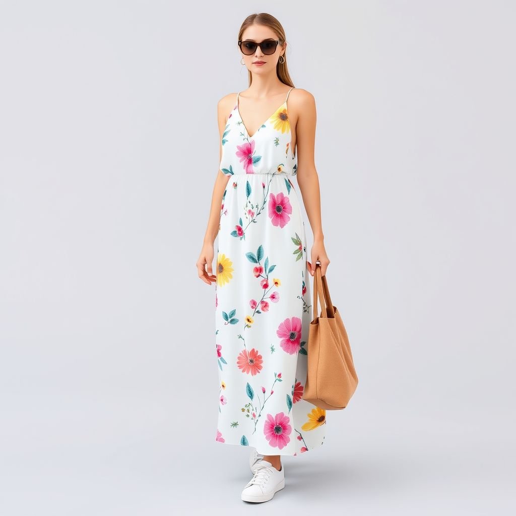 top model in long flowing light crepe printed dress with cross back
Design a casual yet chic fashion ensemble featuring a top model in a long, flowing light crepe dress adorned with vibrant, whimsical prints. The dress boasts a relaxed silhouette, with a trendy cross-back design, perfect for sun-soaked afternoons. Pair it with comfortable white sneakers and a stylish slouchy tote.