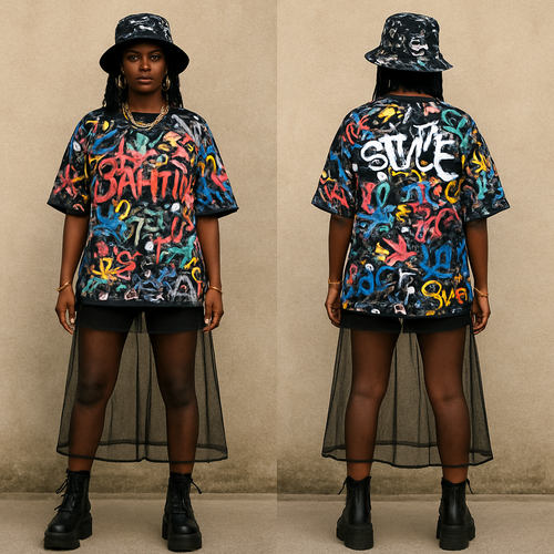 Black woman 
Graffiti shirt
Shorts 
See through skirt 
Platform boots 
hat with design 
Gold jewelry 

