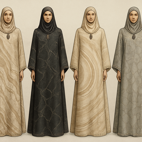 Create a modest boubou, the first of its kind, featuring a unique stone design that exudes a classy and sophisticated vibe. I'd like four designs, each showcasing different styles and fabrics. Incorporate high-end, unique chic stone designs to make them truly special. Add little sophisticated stone designs.