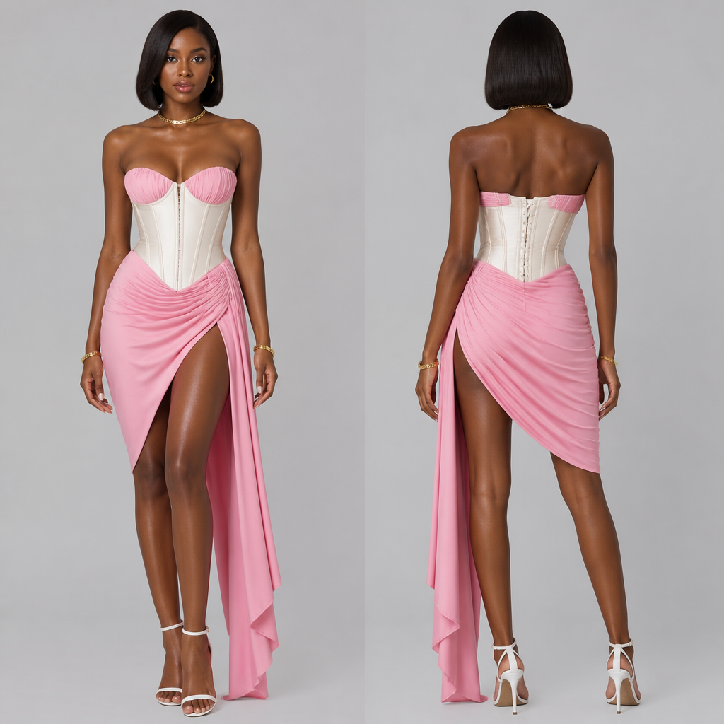 Black woman bob
Pink dress
White corset
Gold jewelry
White heels
photorealistic fashion design, Black woman bob
Pink dress
White corset
Gold jewelry
White heels
, summer style, just the design no text, show front and back