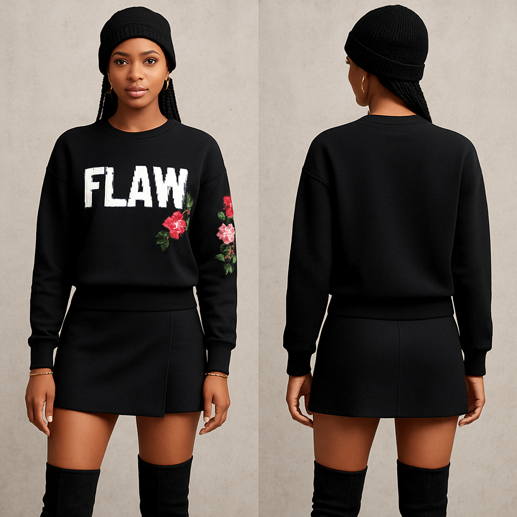 Black Sweater shirt with Flaw on it in white with pretty flowers on one sleeve short skirt thigh high boots gold chain corn rows black crossbody purse gold chain with skirt gold earrings and bracelet leg gold rings black beanie
Black Sweater shirt with Flaw on it in white with pretty flowers on one sleeve short skirt thigh high boots gold chain corn rows black crossbody purse gold chain with skirt gold earrings and bracelet leg gold rings black beanie , streetwear style, show front and back