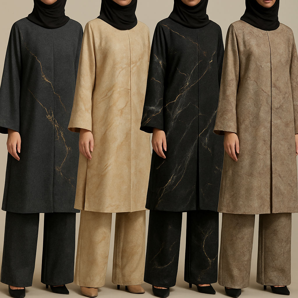 Create a modest abaya and loose pant, first of its kind, featuring a unique stone design that exudes a classy and sophisticated vibe. I'd like four designs, each showcasing different styles and fabrics. Incorporate high-end, unique chic stone designs to make them truly special. Add little sophisticated stone designs. Make it irresistible with designs that stands out.

Create a modest abaya and loose pant, first of its kind, featuring a unique stone design that exudes a classy and sophisticated vibe. I'd like four designs, each showcasing different styles and fabrics. Incorporate high-end, unique chic stone designs to make them truly special. Add little sophisticated stone designs. Make it irresistible with designs that stands out.