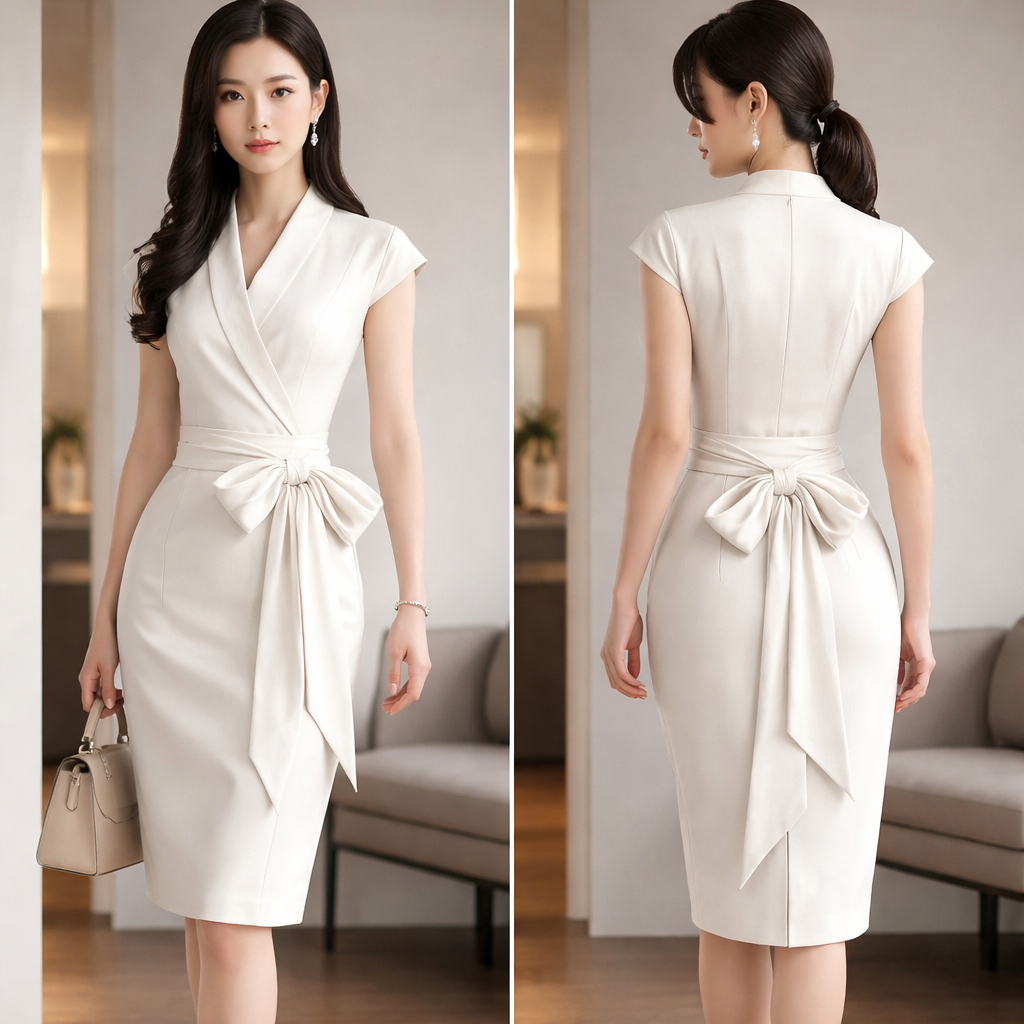 Business class dress that has a Japanese knot on the side. I would like the French style tie waist. With the top of dress with Japanese flare
Business class dress that has a Japanese knot on the side. I would like the French style tie waist. With the top of dress with Japanese flare , business style, show front and back