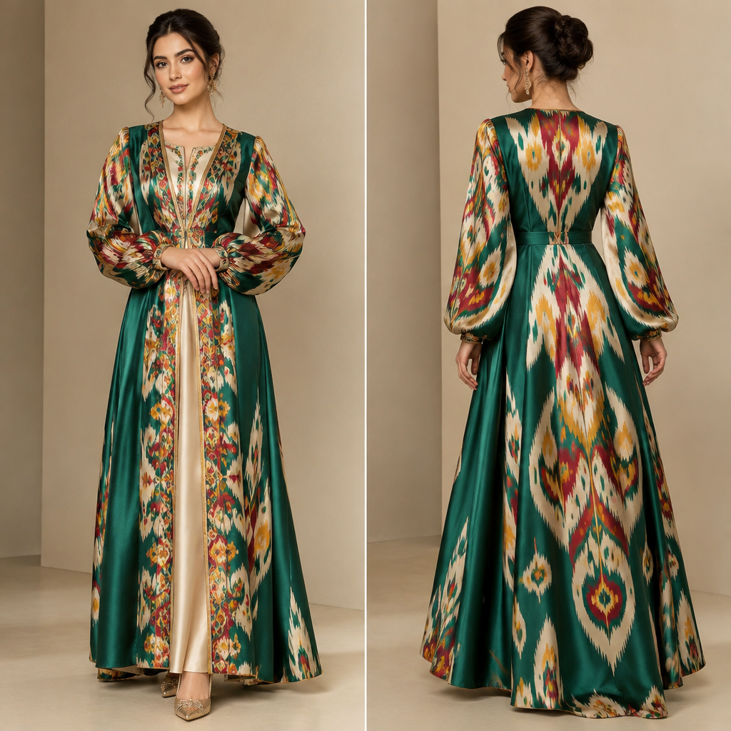 A Female Dress design, suitable for Fall. Современное таджикское национальное платье из атласа, яркие цвета, длинные рукава, современный дизайн». Present it as professional fashion catalogue photography: the garment is the subject, shown full-length with editorial styling, neutral posing and tasteful, non-suggestive framing.
photorealistic fashion design, A Female Dress design, suitable for Fall. Современное таджикское национальное платье из атласа, яркие цвета, длинные рукава, современный дизайн». Present it as professional fashion catalogue photography: the garment is the subject, shown full-length with editorial styling, neutral posing and tasteful, non-suggestive framing., just the design no text