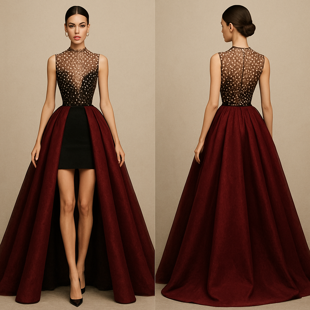 A tigth black dress With a big skutt over that is oprn in the front. The big skirt over the black one is going to be dark red or burgundy. The top will be detailed and with pearls. The woman in the dress is beautiful and has a beautiful face. She is skinny. The black dress inside is short and the big skirt is long.
A tigth black dress With a big skutt over that is oprn in the front. The big skirt over the black one is going to be dark red or burgundy. The top will be detailed and with pearls. The woman in the dress is beautiful and has a beautiful face. She is skinny. The black dress inside is short and the big skirt is long. , glamorous style, show front and back