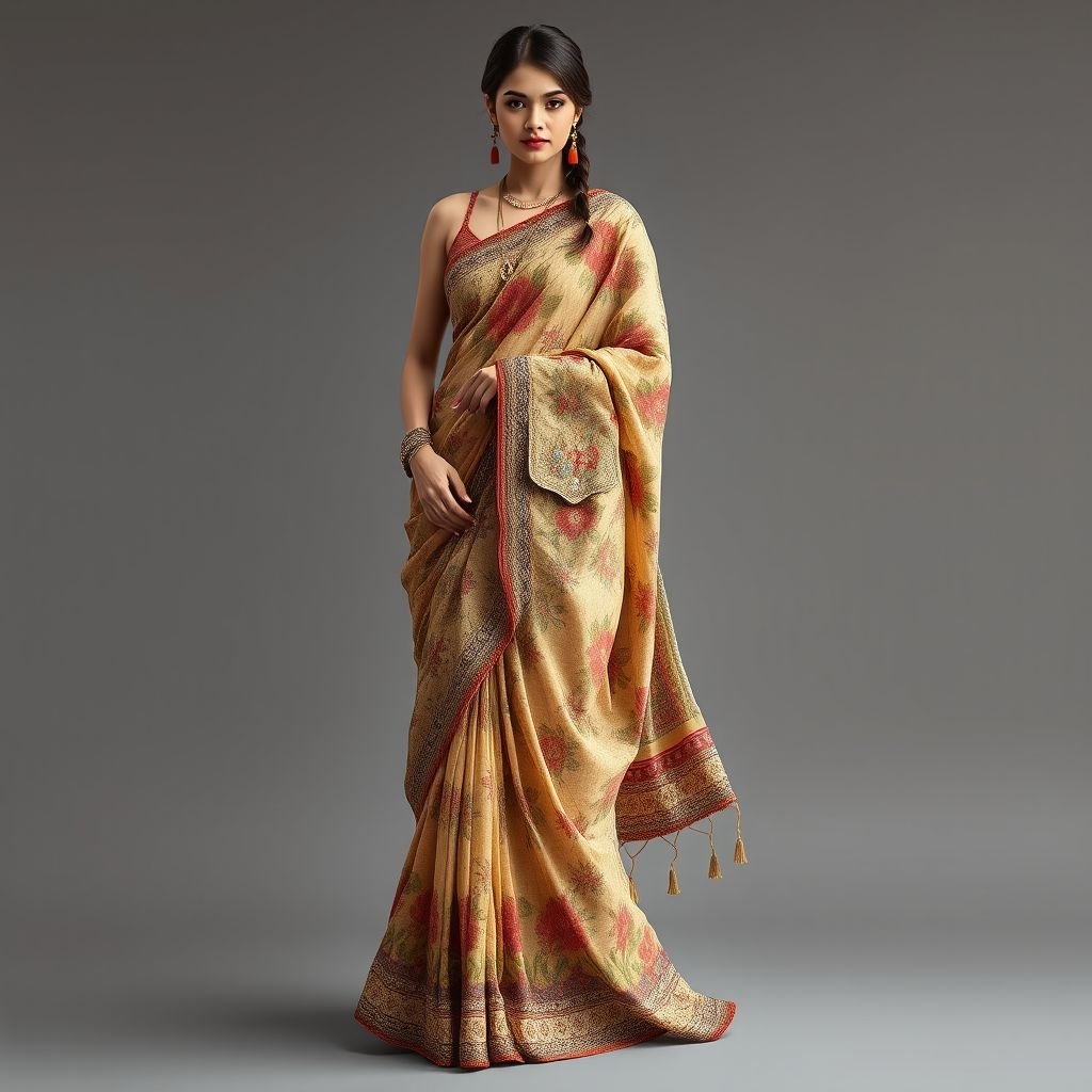 Saree bohemian style with pocket and plated pallu
Design a stunning bohemian-inspired saree featuring intricate floral prints and earthy tones. This unique piece includes a convenient pocket and a beautifully plated pallu adorned with tassels and beadwork. Emphasize flowing fabrics that drape effortlessly, and incorporate layering with a lightweight, hand-embroidered crop top to enhance the carefree, artistic spirit of bohemian fashion.
