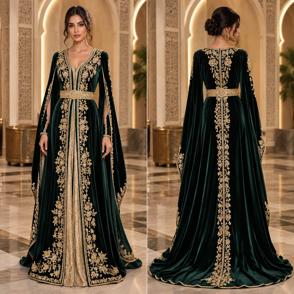 A Dress design, in Glamorous style. Morocco fashion aesthetics. Present it as professional fashion catalogue photography: the garment is the subject, shown full-length with editorial styling, neutral posing and tasteful, non-suggestive framing.
photorealistic fashion design, A Dress design, in Glamorous style. Morocco fashion aesthetics. Present it as professional fashion catalogue photography: the garment is the subject, shown full-length with editorial styling, neutral posing and tasteful, non-suggestive framing., glamorous style, just the design no text, show front and back