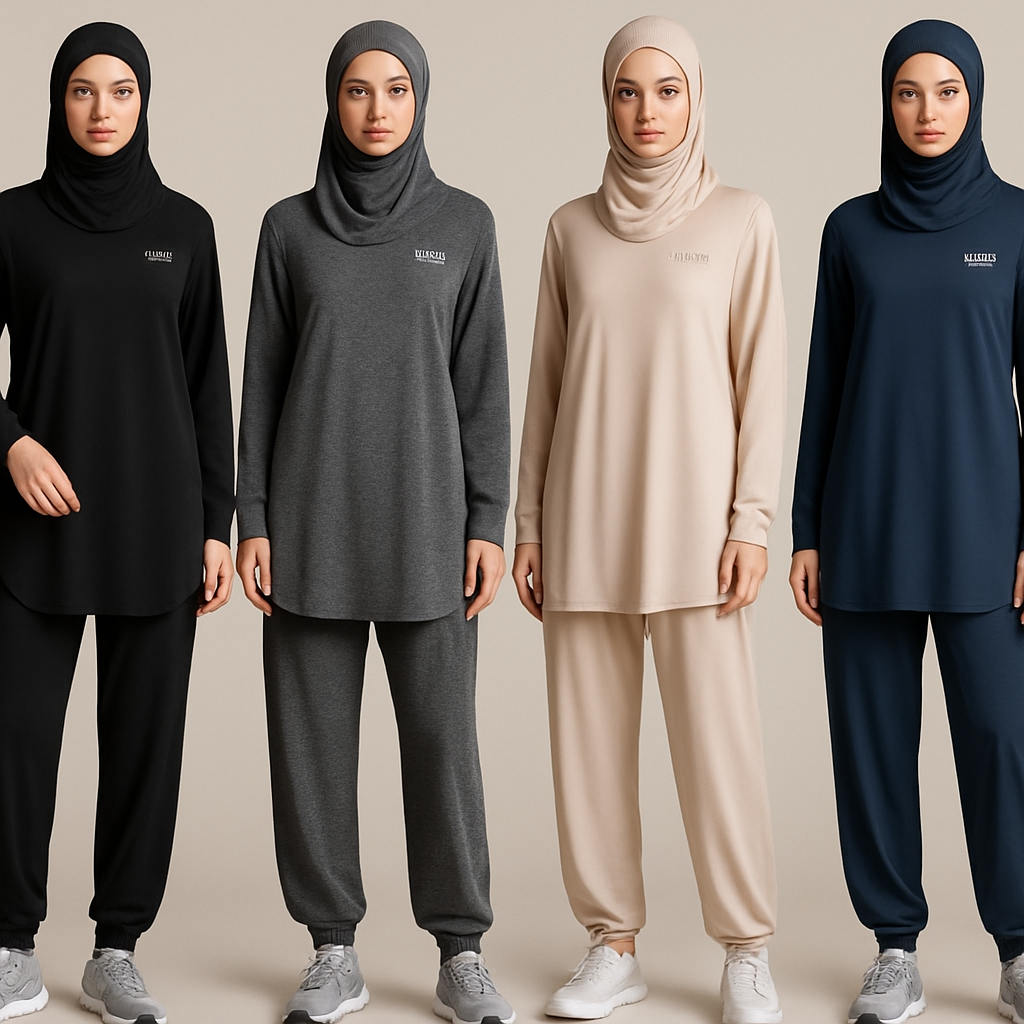 Create a revolutionary women's modest loose gym wear brand called "Modest Fleur". Display the brand name on the in a unique design on the upper right side, in small thick writing that exudes a classy and sophisticated vibe. I'd like four designs, each showcasing different styles and fabrics, with high-end, chic designs to make them truly special. Making it first design in the world 

Create a revolutionary women's modest loose gym wear brand called "Modest Fleur". Display the brand name on the in a unique design on the upper right side, in small thick writing that exudes a classy and sophisticated vibe. I'd like four designs, each showcasing different styles and fabrics, with high-end, chic designs to make them truly special. Making it first design in the world 