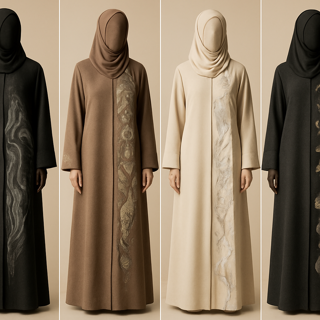 Create a modest abaya, the first of its kind, featuring a unique stone design that exudes a classy and sophisticated vibe. I'd like four designs, each showcasing different styles and fabrics. Incorporate high-end, unique chic stone designs to make them truly special. Add little sophisticated stone designs.
Create a modest abaya, the first of its kind, featuring a unique stone design that exudes a classy and sophisticated vibe. I'd like four designs, each showcasing different styles and fabrics. Incorporate high-end, unique chic stone designs to make them truly special. Add little sophisticated stone designs.