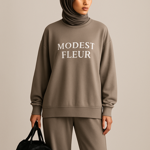 Create me a modest sophisticated unique chic loose gym wear that is first in the world and will stand out with the brand name on it “Modest Fleur “