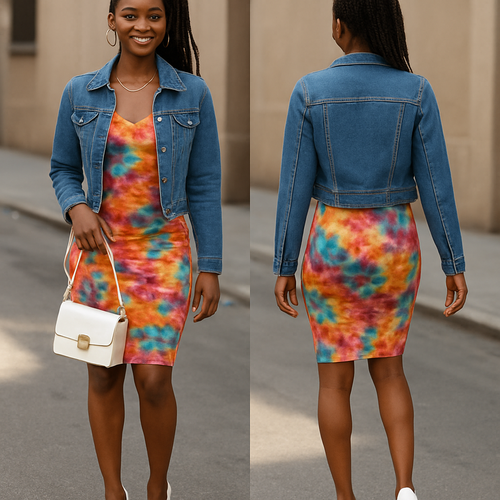 Black woman 
Braids
Gold jewelry
 Colorful sundress fitted 
Jean jacket white heels 
White purse 
