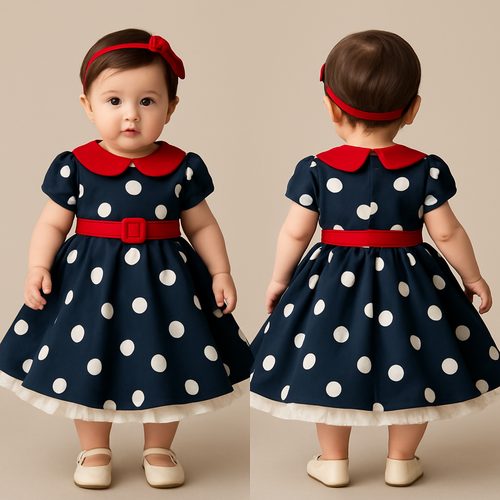 一歳の女の子着用画
暗い紺色ベースに大きめの白い水玉模様の
ロカビリーワンピース
ウエストはキュッと細く、そこから一気にふんわり広がるフレアシルエット
ボリュームのあるサーキュラースカート
ワンピースの裾には白いパニエが少し見える
襟は赤
胸下切り返し部分に襟と同じ色の赤でスクエアバックルベルト
頭には服とリンクしたカチューシャつけて