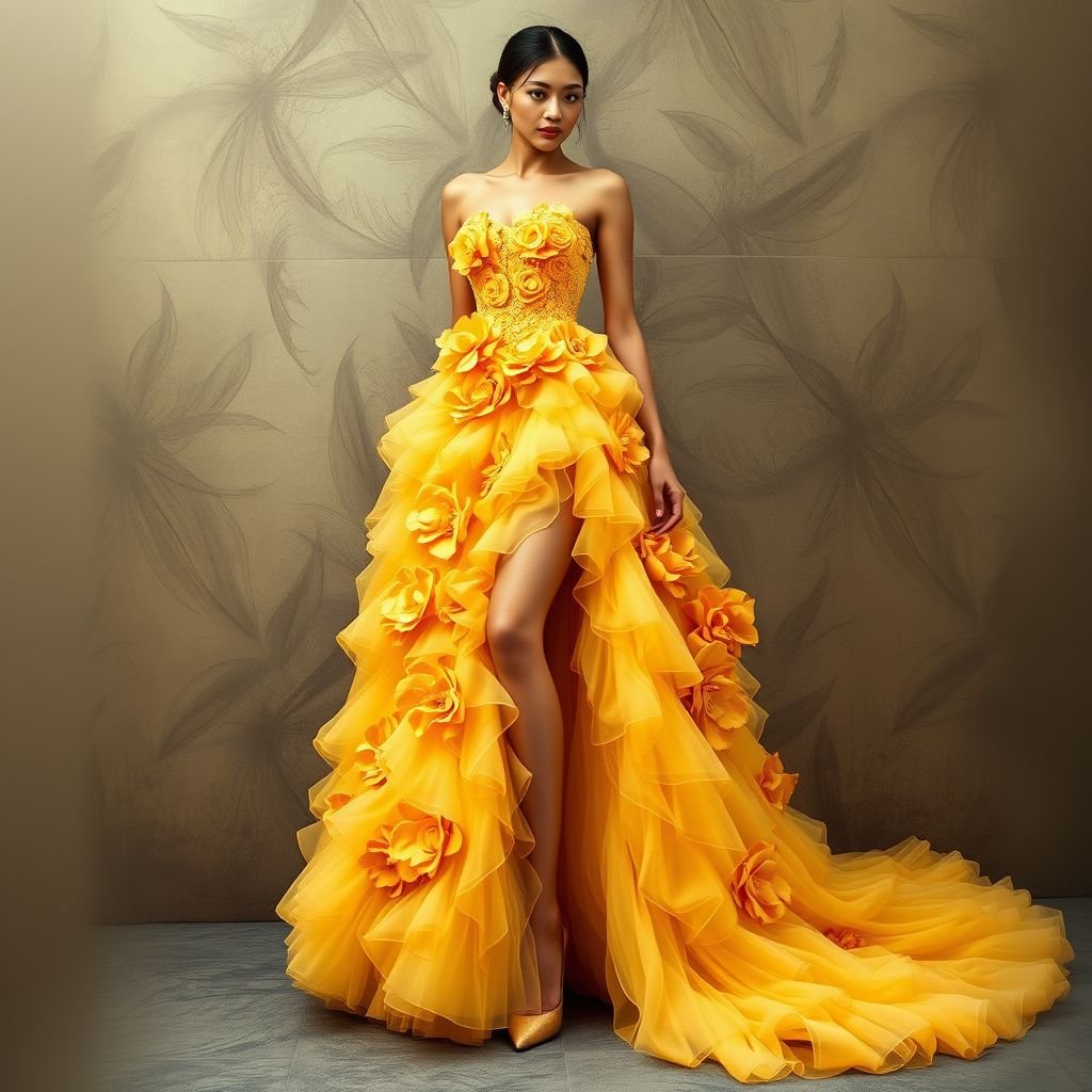 Let’s create a beautiful gown with a very sculptural bodice and a big fluffy skirt with a slit up to the mid thigh. The skirt is ruffled tulle and has a train that’s about 8 inches out. It’s sunset yellow and very luxurious with 3D floral designs
Envision an exquisite haute couture gown featuring an architectural bodice that artfully enhances the silhouette. The gown cascades into a voluminous, ruffled tulle skirt, adorned with intricate, 3D floral appliqués, in a resplendent sunset yellow. A daring thigh-high slit unveils layers of luxurious fabric, culminating in a breathtaking train for dramatic elegance.