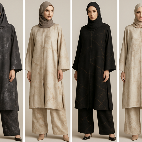 Create a modest abaya and loose pant, first of its kind, featuring a unique stone design that exudes a classy and sophisticated vibe. I'd like four designs, each showcasing different styles and fabrics. Incorporate high-end, unique chic stone designs to make them truly special. Add little sophisticated stone designs. Make it irresistible with designs that stands out.