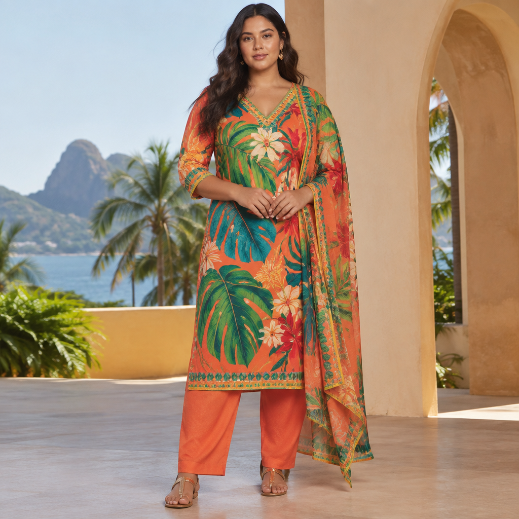 A Salwar Kameez design. Consider Brazilian fashion — bold colors, body-positive, beachwear influence, tropical prints, carnival vibrancy. Current season is Spring in Brazil. Present it as professional fashion catalogue photography: the garment is the subject, shown full-length with editorial styling, neutral posing and tasteful, non-suggestive framing.
photorealistic fashion design, A Salwar Kameez design. Consider Brazilian fashion — bold colors, body-positive, beachwear influence, tropical prints, carnival vibrancy. Current season is Spring in Brazil. Present it as professional fashion catalogue photography: the garment is the subject, shown full-length with editorial styling, neutral posing and tasteful, non-suggestive framing., just the design no text