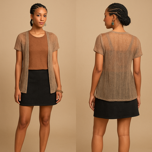 Earthy shirt short sleeves
Short black skirt 
See through cardigan 
Olive  Green earrings 
Olive Green bracelet 
Black heels with gold design 
Corn rows 
