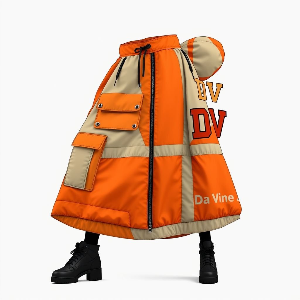 Streetrush women’s Street Sporty Academy Style, Street Hip-Hop Oversized midi skirt. These orange creamsicle and beige Color-Block Design, windbreaker material skirt. Feature Multiple Stripes, white and baby orange Paneling Design, And Front And Back Pattern Designs, Along With A Creative Double Waistband. They Are Suitable For All-Season Wear, Embody Street Rock Aesthetics, And Are Perfect For Music Festivals And Everyday Outfits. This Style Reflects Y2K Streetwear , Women’s Two-Tone Outdoor Sports , Chicago Jersey , Streetwear , Streetwear skirt. Put “DV” somewhere on it. Create me a logo for my brand “Da’Vine” and put it up there also
Design a striking streetwear piece for women: an oversized midi skirt, inspired by the energetic vibes of Y2K hip-hop culture. Crafted from windbreaker material, it features a bold orange creamsicle and beige color-block design. Multiple stripes adorn the front and back, along with unique paneling and a creative double waistband. Incorporate the letters "DV" stylishly into the design, and showcase a logo for "Da’Vine" prominently. This versatile piece captures the essence of urban street aesthetics, making it perfect for music festivals and everyday wear, embodying the spirit of Chicago jersey culture and outdoor sports chic.