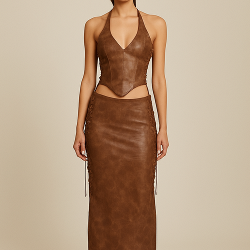 Leather full length maxi skirt dark brown colour with slight marble design
Criss cross laces up each side
Make skirt straight
Add matching corset top with halter neck and dipped curved hem with laces up each side
Remove cup details
Make v neck
Make skirt lower waist to show end of torso
Make skirt more fitted
Make colour lighter more mocha colour with marble effect
Perfect show on model