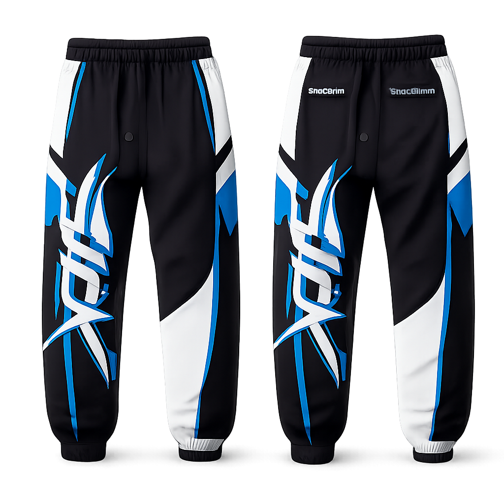 Pants with sick logo on leg
Pants with sick logo on leg, sporty style, show front and back