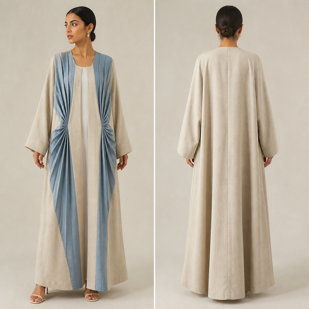 A Dress design, made of Linen, for Date Night, suitable for Summer, in Classic + Middle Eastern style. this is a beautiful relax a buyer open abaya with blue Gathering on the front both from panels this is amazing origami inspired a abaya. Design with modest coverage.
photorealistic fashion design, A Dress design, made of Linen, for Date Night, suitable for Summer, in Classic + Middle Eastern style. this is a beautiful relax a buyer open abaya with blue Gathering on the front both from panels this is amazing origami inspired a abaya. Design with modest coverage., classic style, just the design no text, show front and back