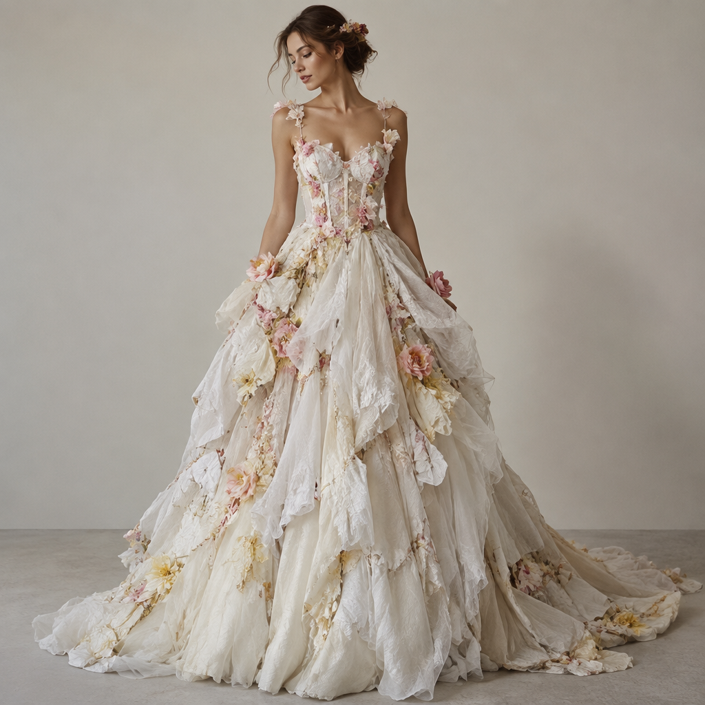 Trouwjurk met roze en gele bloemen en details maar vooral sneeuw wit
photorealistic fashion design, Trouwjurk met roze en gele bloemen en details maar vooral sneeuw wit, upcycled style, just the design no text