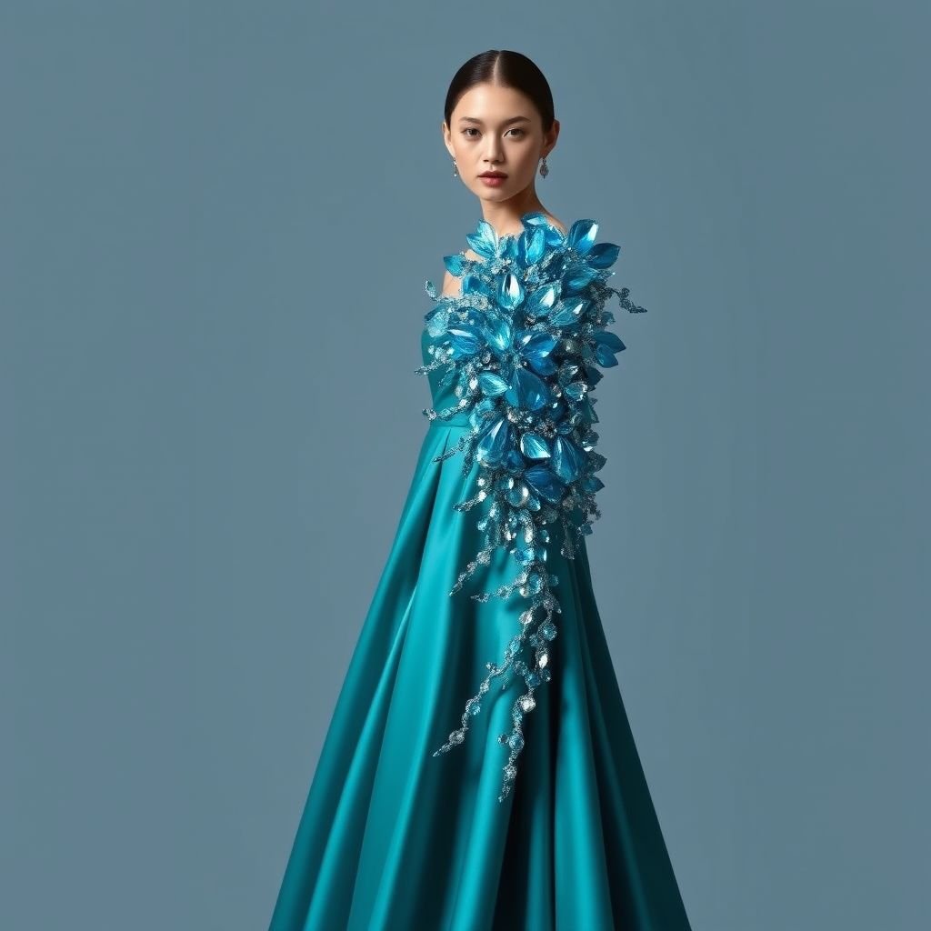 A beautiful gown that’s simple, flowing, elegant with a stunning structural art piece resembling a wave running from the shoulder to the bottom of the dress. Teal shiny blue fabric with all colors of blue crystal stones on the structured part
Design a breathtaking haute couture gown in luxurious teal silk, featuring a simple yet flowing silhouette that exudes elegance. A captivating structural art piece, inspired by ocean waves, cascades from the shoulder to the hem, adorned with an intricate arrangement of shimmering blue crystals, creating a dazzling interplay of light and texture.