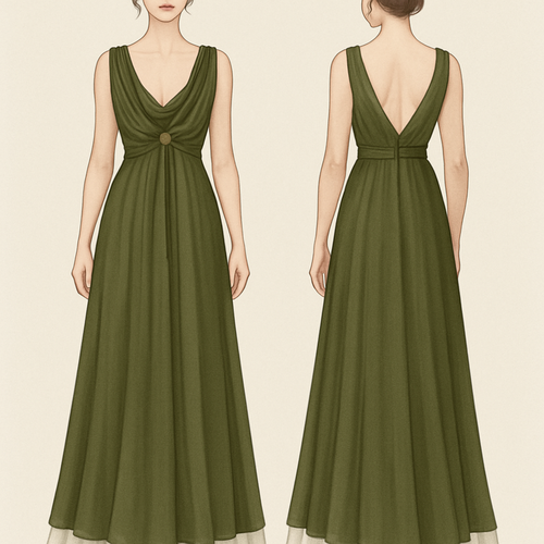 es soll ein Maxi kleid sein. Mit einem großen Wasserfall ausschnitt, der bis unter die Brust geht. Hinter dem Stoff von dem Wasserfall ausschnitt soll ein Stoff sein der die oberweite bedeckt, der Stoff der die Brüste bedeckt soll mit einer Art schnalle in der Mitte zusammen gerafft werden. In einem dunklen Olive grün. Und einem weißen Unterrock, der etwas Tüll mäßig ist, den man unter dem grünen Stoff ein wenig sieht. 