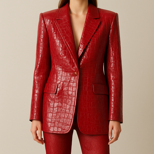 Can you make a leather oversized blazer crocodile print coming to the mid thigh in olive green with shoulder pads
Can you change it to high gloss shine and a lighter shade of olive and show it on a model with bare legs
Can you make the crocodile print more detailed and change the shade to a more shade green and pair it with the same colour mesh trousers
Can you change the colour to cherry red with matching mesh trousers that have a faint snake print design