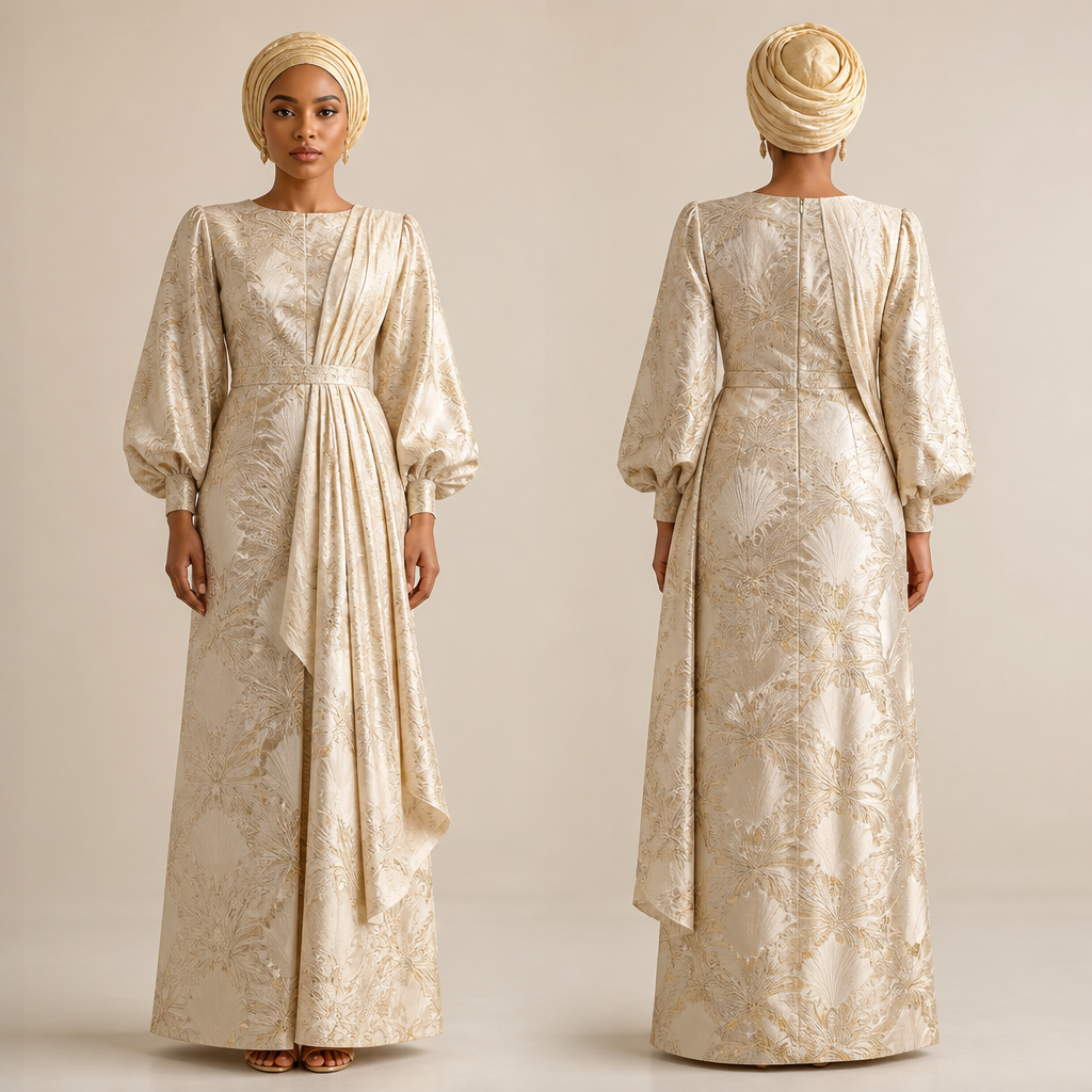 A Female fashion design. make a beautiful style for dress. Nigeria fashion aesthetics. Design with modest coverage.
photorealistic fashion design, A Female fashion design. make a beautiful style for dress. Nigeria fashion aesthetics. Design with modest coverage., just the design no text, show front and back