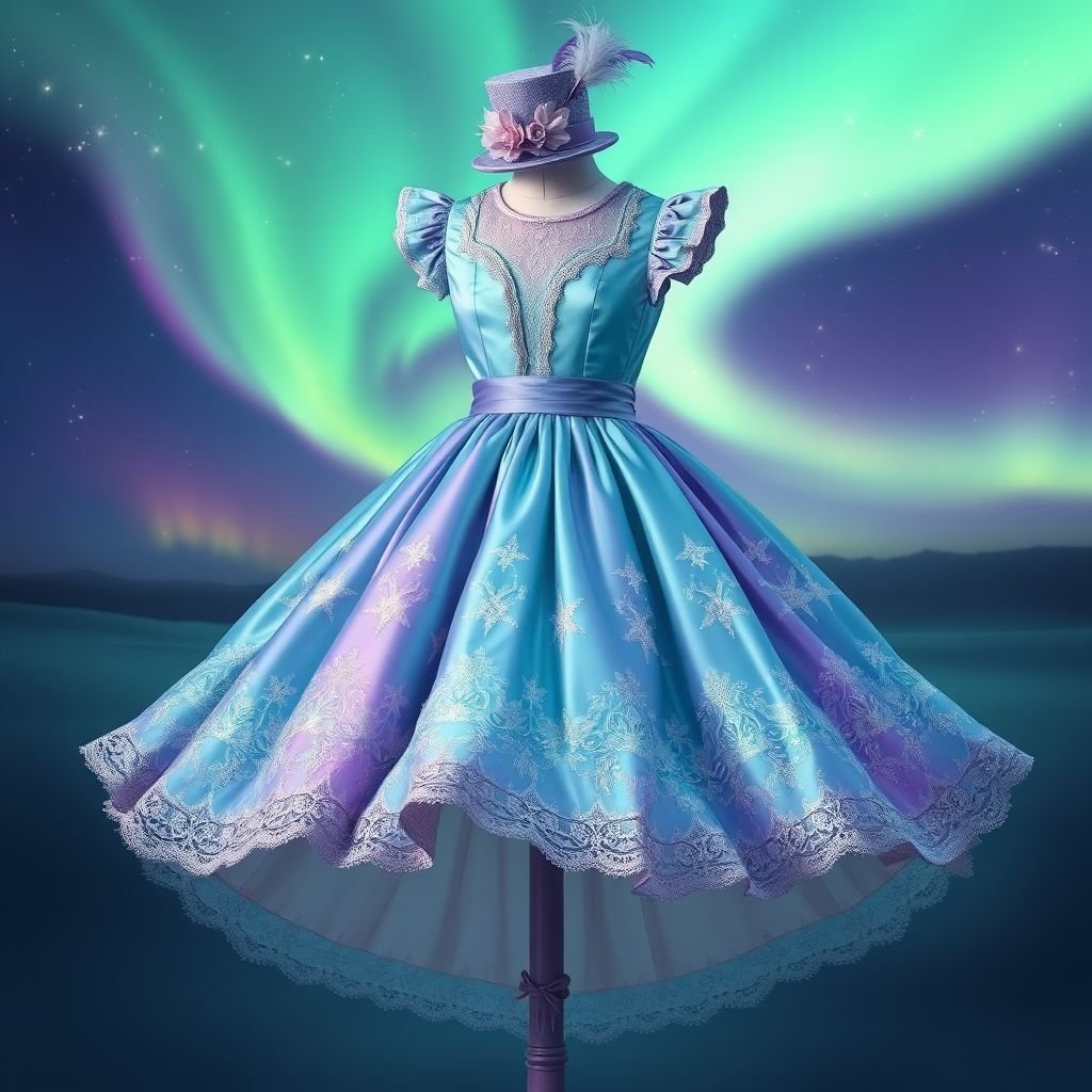 Aurora Borealis. Let’s see what you do
Design a whimsical Lolita dress inspired by the enchanting colors of the Aurora Borealis. Picture a full-skirted silhouette with layers of ethereal fabrics in iridescent greens, purples, and blues, adorned with intricate lace trim, and delicate embroidery of shimmering stars. Accessorize with a mini top hat featuring feather details, completing this celestial ensemble.