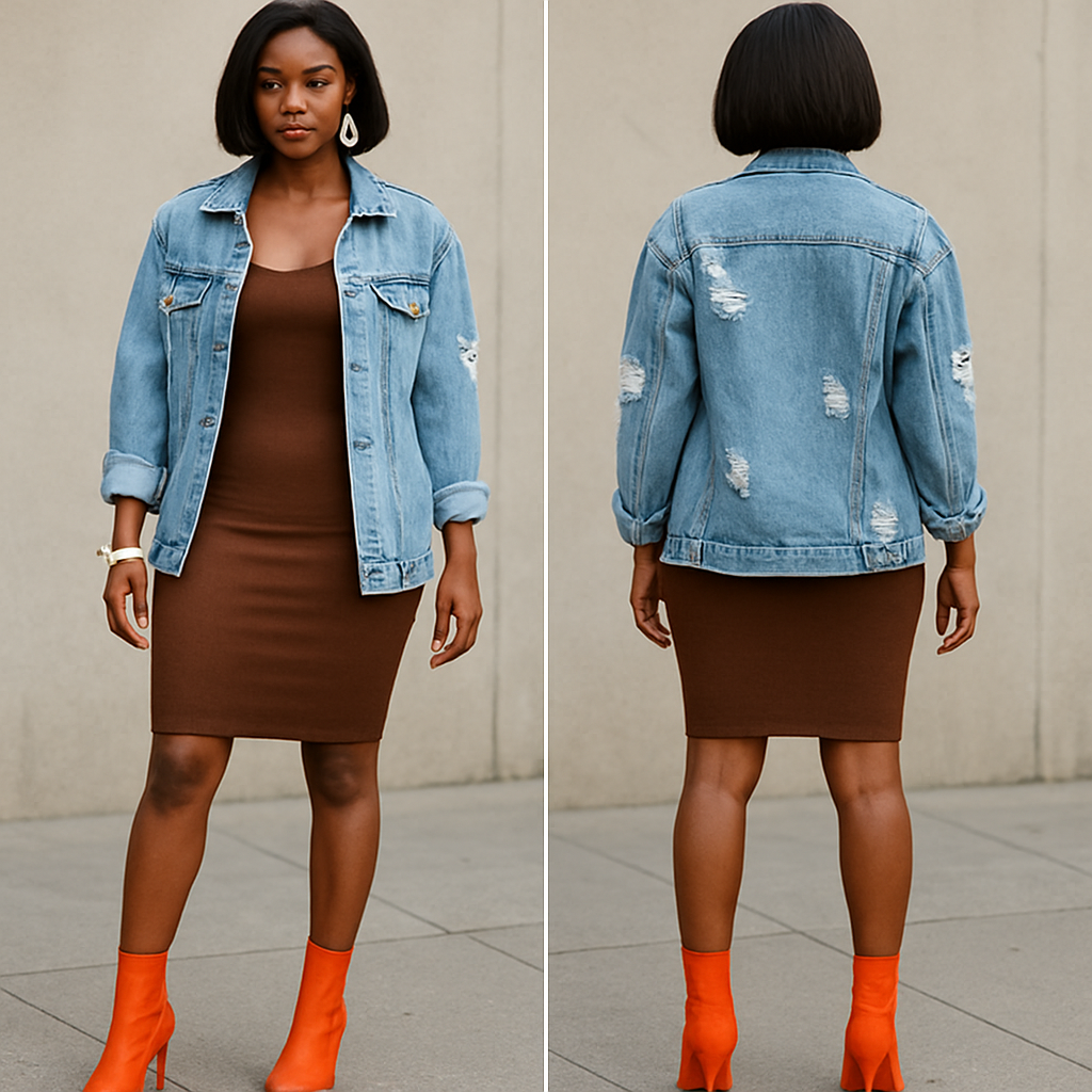 Black woman
Bodycon brown dress
White Long ripped blue jean jacket
White earrings and bracelet
Bob
Orange boot heels
Black woman
Bodycon brown dress
White Long ripped blue jean jacket
White earrings and bracelet
Bob
Orange boot heels
, streetwear style, show front and back