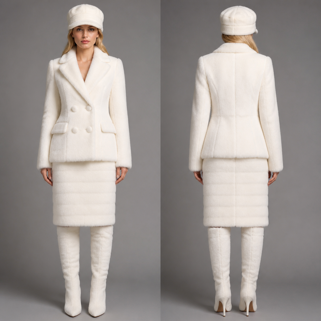 White mink double breasted blazers and mink skirt with long mink boots with a white caption hat
photorealistic fashion design, White mink double breasted blazers and mink skirt with long mink boots with a white caption hat , just the design no text, show front and back