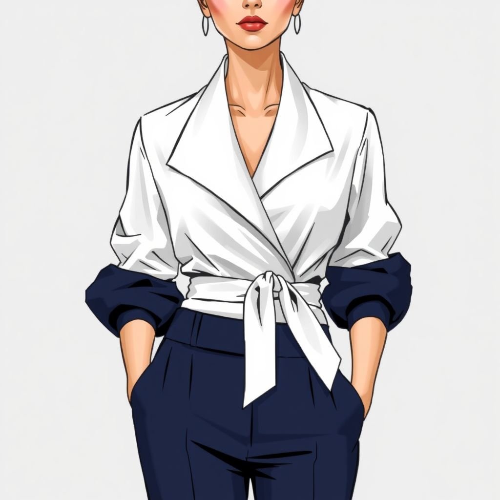 Asymmetric collar, tie waist, dramatic cuffed sleeves • Colors: White, Navy • Worn with: tailored trousers or pencil skirt
Envision a chic ensemble featuring a structured white blouse with an asymmetric collar that cascades elegantly, cinched at the waist with a navy tie for a flattering silhouette. The dramatic cuffed sleeves add bold flair to the design. Pair it with tailored navy trousers or a sleek pencil skirt for a sophisticated finish.