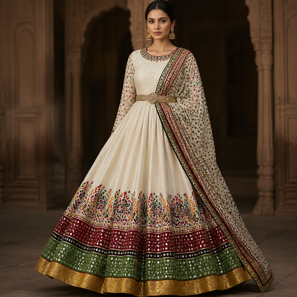 photorealistic fashion design, photorealistic fashion design, photorealistic fashion design, photorealistic fashion design, Ivory colour raw silk Anarkali with full sleeves..give mustard yellow brocade border of 3 inches at the bottom of the anarkali and above it bright green mirror work border of 5 inches and above it black katha work border of 2 inches and above it bright reddish maroon border with katha work of 7 inches...Give a heavy flare to the anarkali and sleeves should have full mirror work only in the colours of the borders used at the bottom of the anarkali...and the entire outfit should be well fitted and give stylish fit to the bust area. Design with modest coverage., just the design no text. Refinement: In this same outfit give thick rajasthani folk embroidery of about 10 inches above the maroon border...and change the neckline to wide round shape , just the design no text. Refinement: In this same outfit change the neckline to boat neck and give 1 bright reddish maroon thin border of full mirror work on the entire neckline followed by black full mirror work thin border and then thin bright green mirror border, just the design no text. Refinement: Give round neck instead of boat, just the design no text. Refinement: In this same outfit give full katha mirror work Dupatta in the colours used in the border and the dupatta should be held by a dark golden stones belt on the waist
photorealistic fashion design, photorealistic fashion design, photorealistic fashion design, photorealistic fashion design, photorealistic fashion design, Ivory colour raw silk Anarkali with full sleeves..give mustard yellow brocade border of 3 inches at the bottom of the anarkali and above it bright green mirror work border of 5 inches and above it black katha work border of 2 inches and above it bright reddish maroon border with katha work of 7 inches...Give a heavy flare to the anarkali and sleeves should have full mirror work only in the colours of the borders used at the bottom of the anarkali...and the entire outfit should be well fitted and give stylish fit to the bust area. Design with modest coverage., just the design no text. Refinement: In this same outfit give thick rajasthani folk embroidery of about 10 inches above the maroon border...and change the neckline to wide round shape , just the design no text. Refinement: In this same outfit change the neckline to boat neck and give 1 bright reddish maroon thin border of full mirror work on the entire neckline followed by black full mirror work thin border and then thin bright green mirror border, just the design no text. Refinement: Give round neck instead of boat, just the design no text. Refinement: In this same outfit give full katha mirror work Dupatta in the colours used in the border and the dupatta should be held by a dark golden stones belt on the waist, just the design no text