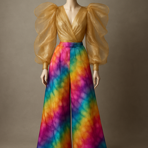 Create one of a kind colorful palazzo pant made from beautiful tie&dye fabric with a beautiful glittering organza top designed for high end fashionista that will make it look gorgeous on a mannequin with a face