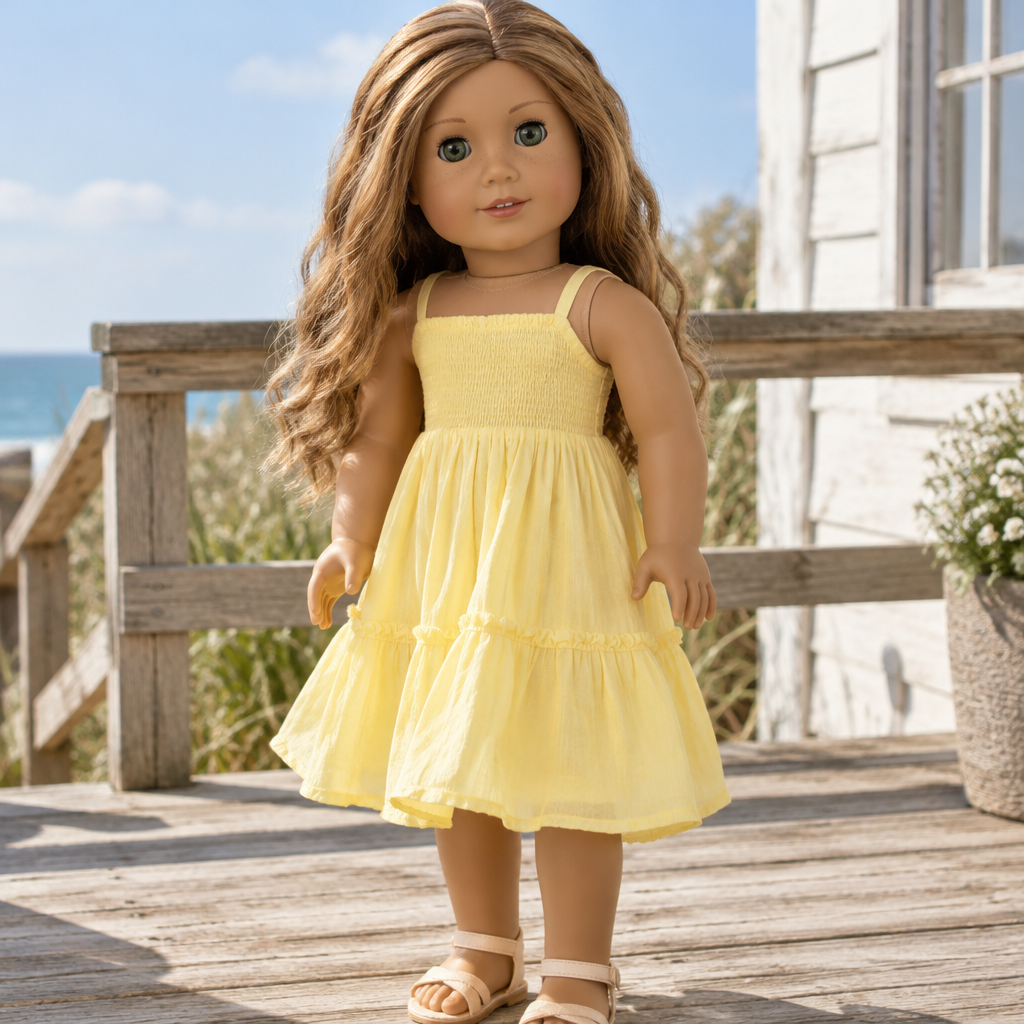 Light yellow floaty, sun, sunshine dress on the American girl, doll Keira
photorealistic fashion design, Light yellow floaty, sun, sunshine dress on the American girl, doll Keira, scene style, just the design no text