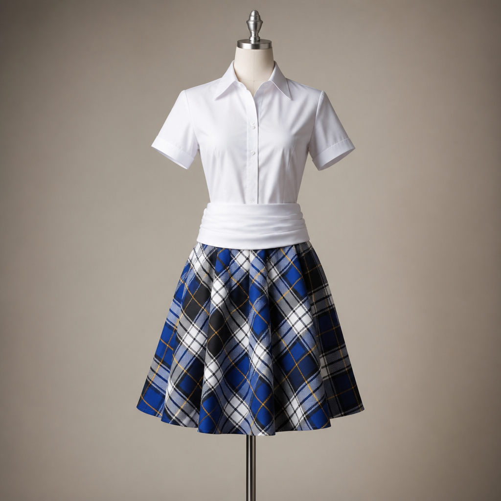 blue white and black flare plaid skirt with white fold over band as waist band, skirt should end at the knee. white short sleeve button up shirt. Ghana fashion aesthetics.
photorealistic fashion design, blue white and black flare plaid skirt with white fold over band as waist band, skirt should end at the knee. white short sleeve button up shirt. Ghana fashion aesthetics., just the design no text