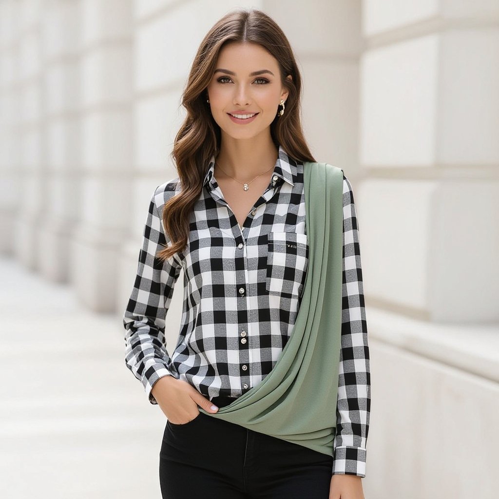 Hi i wanna create a statement piece … a black and white checkered shirt full sleeves with a drape of sage color and charms like Masaba uses on it
Elegant fashion: Black and white checkered shirt, full sleeve. Elegant sage drape. Discreet, delicate charms.