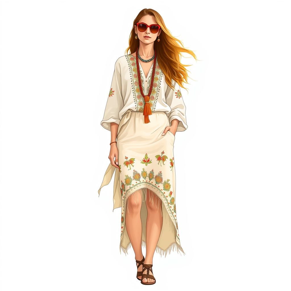 Cotton summer Resort pencil skirt clean shiv and shirt and wear style channel chic comfy
Design a boho-chic summer resort collection featuring a cotton pencil skirt with intricate embroidery and an asymmetrical hem. Pair it with a flowing, lightweight shirt adorned with earthy tones and dreamy patterns. Accessorize with layered fringe necklaces and oversized sunglasses. Aim for comfort and effortless elegance, embodying carefree summer vibes.